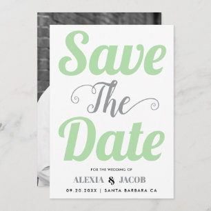 Mint green, grey typography and photo on the back save the date