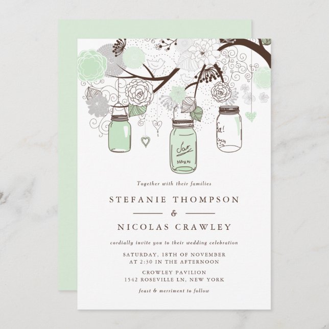 Mint Green Hanging Mason Jars Wedding Invitation (Front/Back)