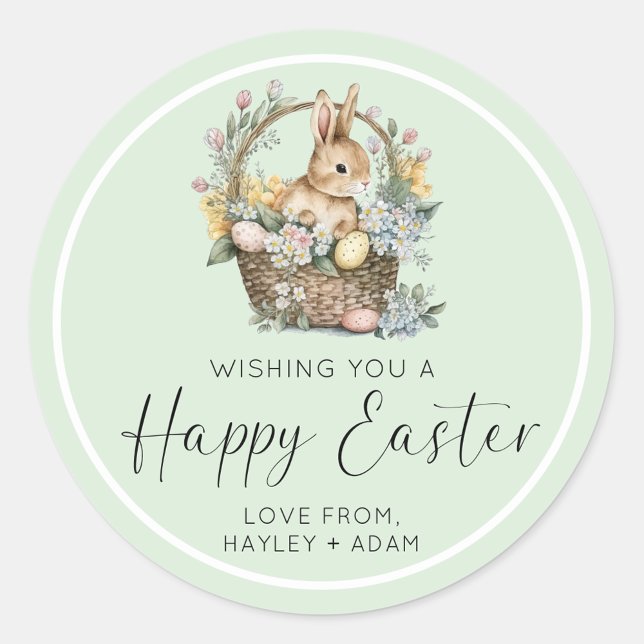 Mint Green Happy Easter Bunny Classic Round Sticker (Easter Bunny Sticker)