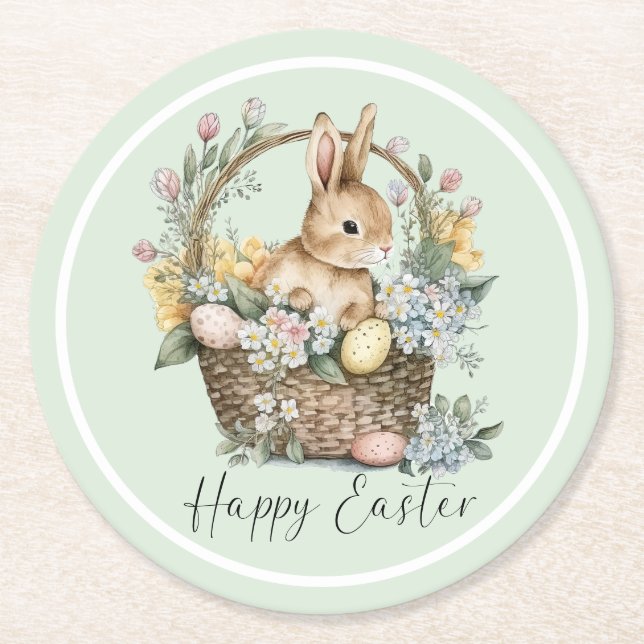 Mint Green Happy Easter Bunny Round Paper Coaster (Front)