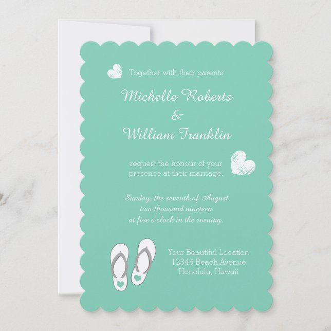 Mint green heart beach slipper wedding invitations (Front)