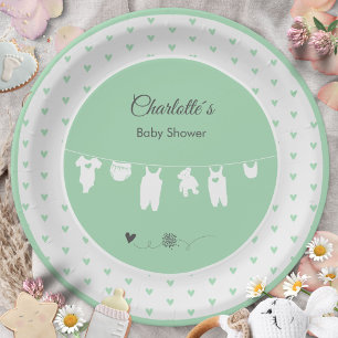 Mint Green Hearts Boho Gender Neutral Baby Shower Paper Plate