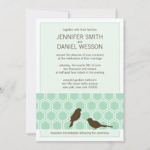 Mint Green Honeycomb Pattern Love Birds Wedding Invitation