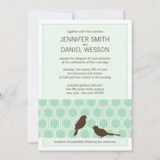 Mint Green Honeycomb Pattern Love Birds Wedding Invitation