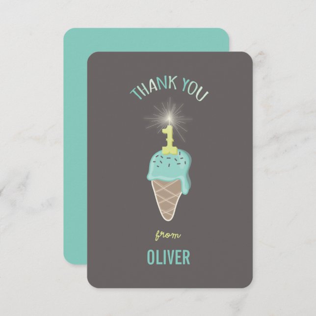 Mint Green Ice Cream Sparkler Boy's 1st Birthday Thank You Card (Front/Back)