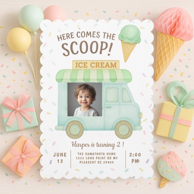 Mint Green Ice Cream Truck Photo Birthday  Invitation (Creator Uploaded)