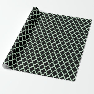 Mint-Green Ikat Quatrefoil Over Black Background Wrapping Paper