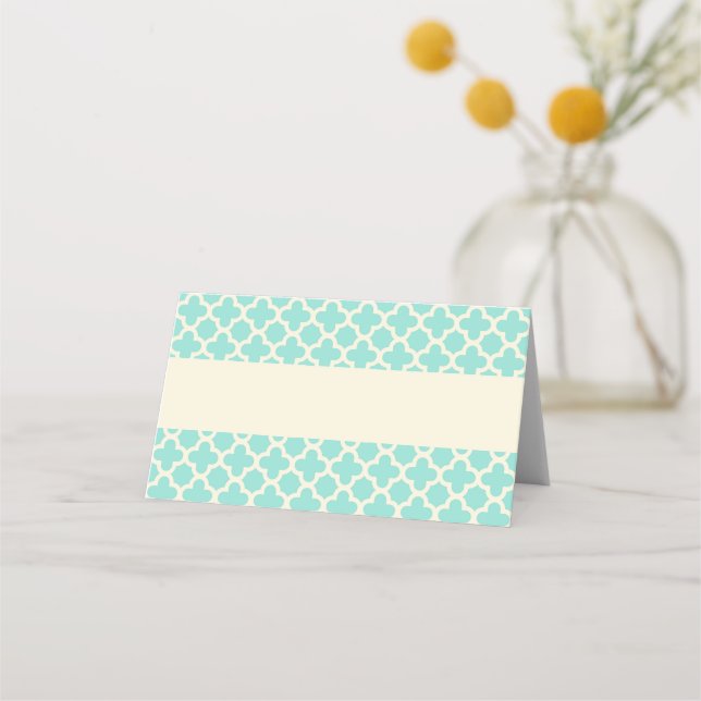 Mint Green Ivory Quatrefoil Pattern Wedding Place Card (Front)