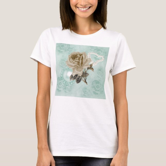 Mint Green Ivory Roses Bella Flowy T-Shirt (Front)