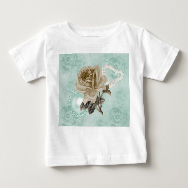 Mint Green Ivory Roses Toddler White Ruffle Dress Baby T-Shirt (Front)