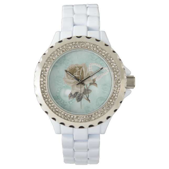 Mint Green Ivory Roses White Rhinestones Watch (Front)