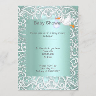 Mint green lace elegant baby shower stork invitation