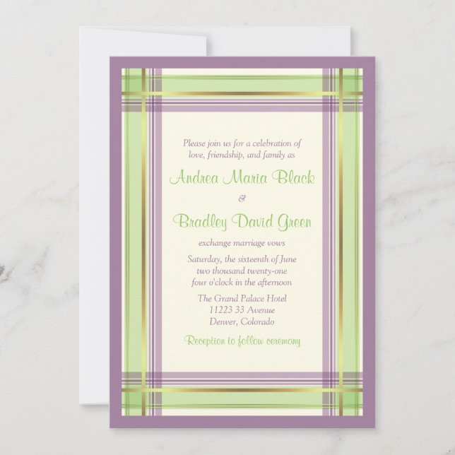 Mint Green Lavender Plaid Wedding Invitation (Front)