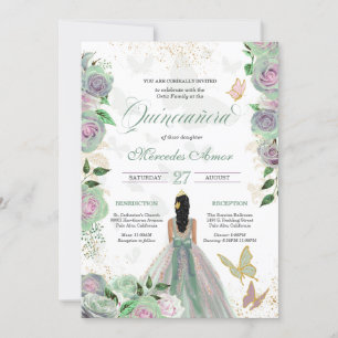 Mint Green & Lavender Roses Butterfly Quinceanera Invitation
