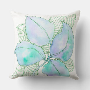 Mint Green Lavender Watercolor Botanical Leaves Cushion