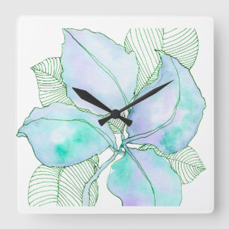 Mint Green Lavender Watercolor Botanical Leaves Square Wall Clock