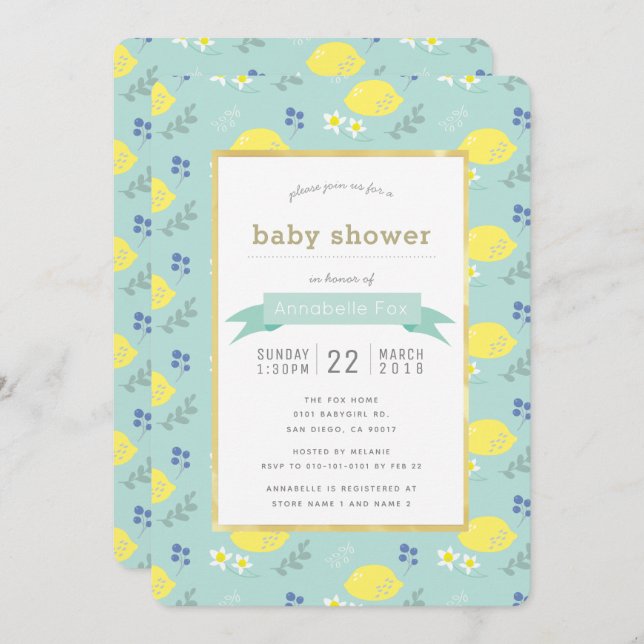 Mint Green Lemon Floral Baby Shower Invitation (Front/Back)