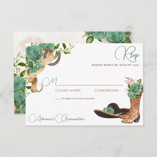 Mint Green Light Sage Charro Western Quinceanera RSVP Card (Front/Back)