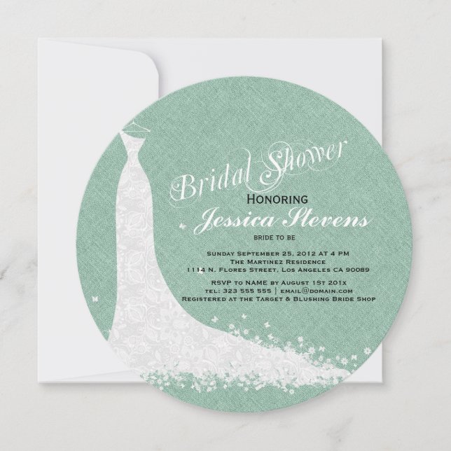 Mint-Green Linen And White Lace Wedding Dress Invitation (Front)