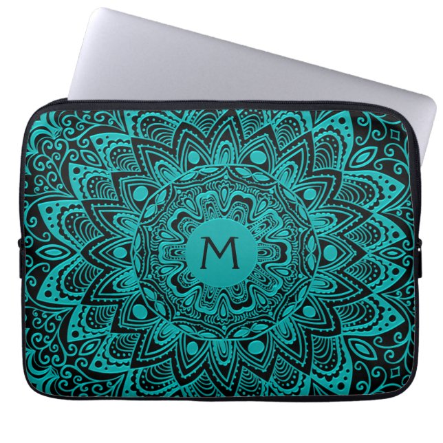 Mint Green Mandala Monogram Customisable Colour Laptop Sleeve (Front)