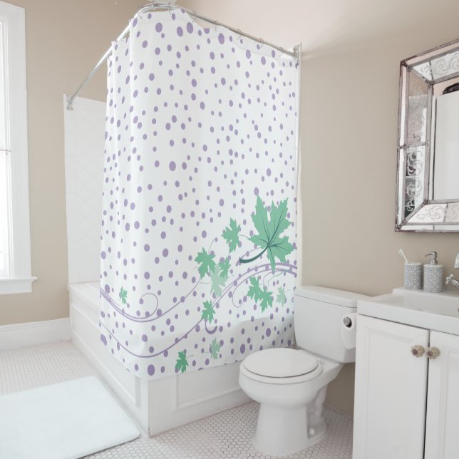 Mint green maple leaves and lavender polka dots shower curtain (In Situ)