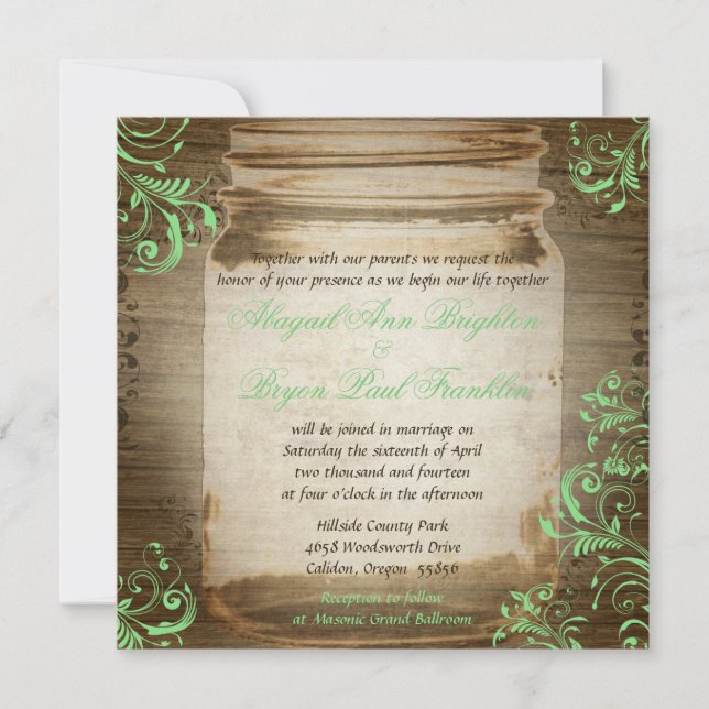 Mint Green Mason Jar Vintage Wedding Invitation (Front)