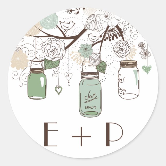Mint Green Mason Jars Wedding Monogram Sticker (Front)