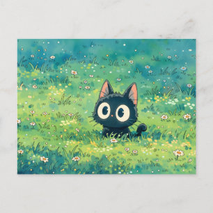 Mint Green Meadow Wide Eyed Black Cat Postcard