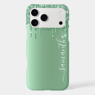 Mint Green Metal Look Handwritten Name Glitter