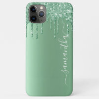 Mint Green Metal Look Handwritten Name Glitter