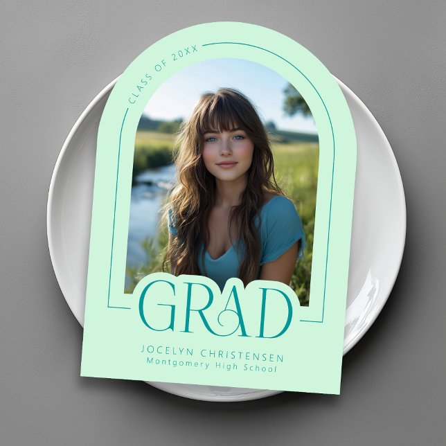 Mint Green Modern Photo Graduation Announcement (Shown on a 5" x 7" Announcement with Arch Corner Style)