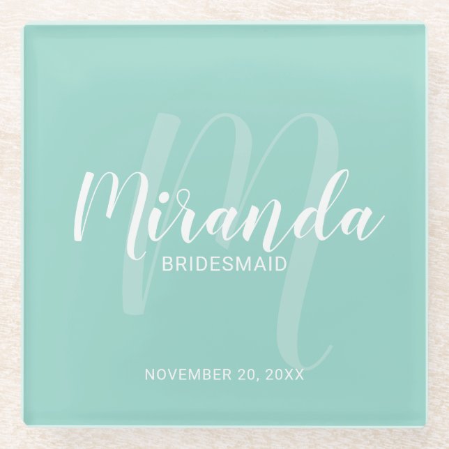 Mint Green Modern Script Personalised Bridesmaids Glass Coaster (Front)