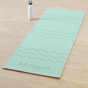 Mint Green Modern Wavy Lines With Custom Name Yoga Mat