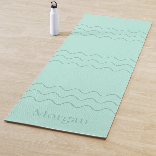 Mint Green Modern Wavy Lines With Custom Name Yoga Mat (In Situ)