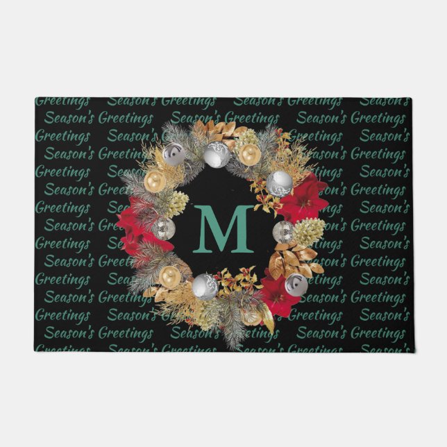 Mint Green MONOGRAM Christmas Wreath Doormat (Front)