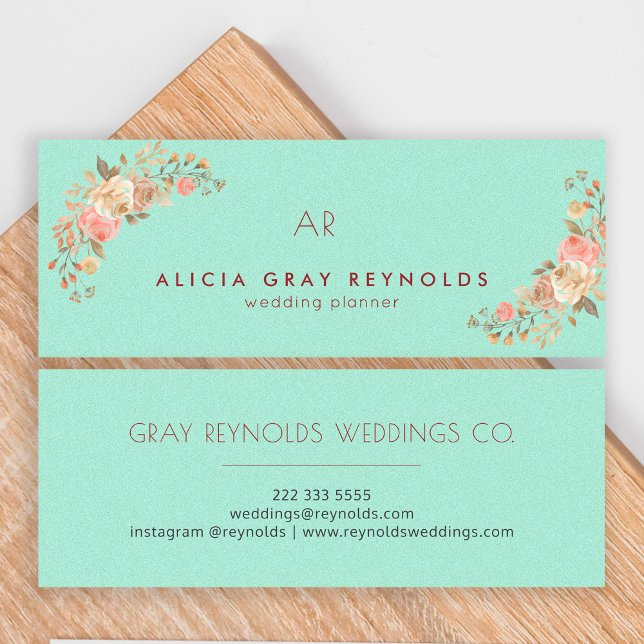 Mint Green Monogram Elegant Floral Wedding Planner Mini Business Card (Creator Uploaded)