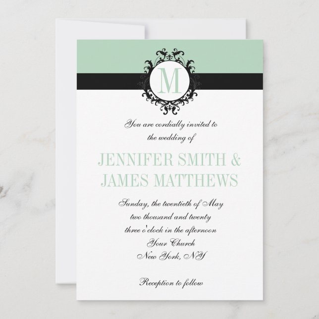 Mint Green Monogram Wedding Invitation 2 (Back)