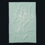 Mint Green Monstera Leaf Line Drawing Personalised Tea Towel<br><div class="desc">Simple and elegant line drawing of a monstera leaf,  personalised with your name(s) and date (wedding,  engagement,  or other meaningful date - or you can leave the date blank.)</div>