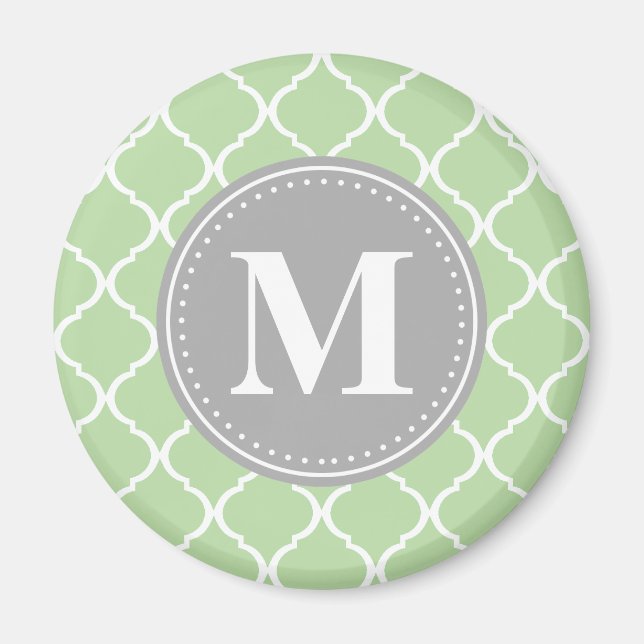Mint Green Moroccan Lattice Grey Monogram Magnet (Front)