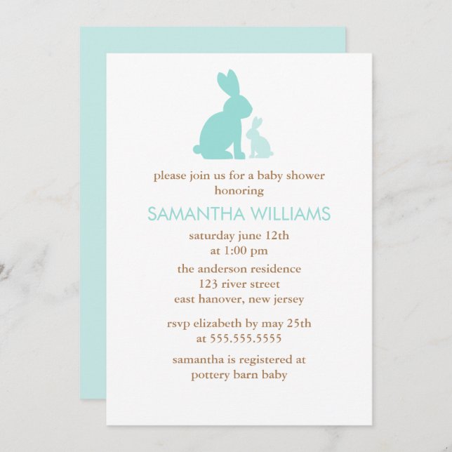 Mint Green Mum and Baby Rabbit Baby Shower Invitation (Front/Back)