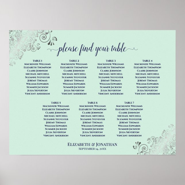 Mint Green & Navy 7 Table Wedding Seating Chart (Front)