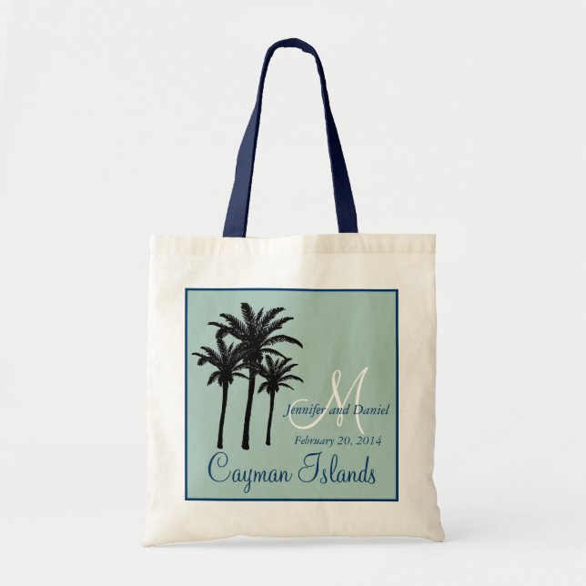 Mint Green Navy Blue Beach Wedding Palm Trees Tote Bag (Front)