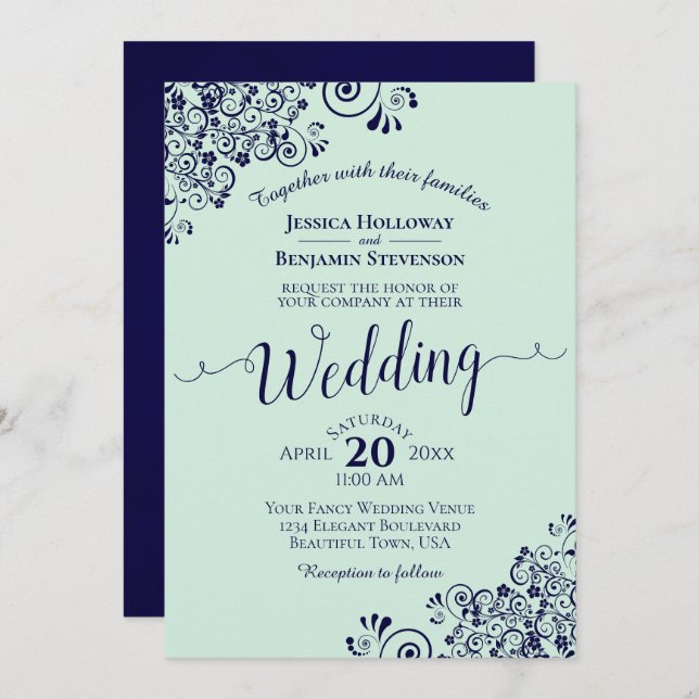 Mint Green & Navy Blue Lace Frils Wedding Invitation (Front/Back)