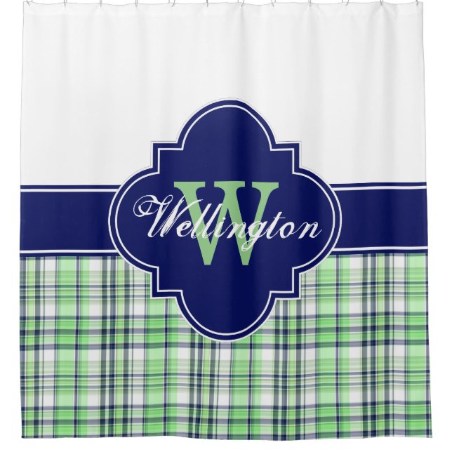 Mint Green Navy Blue Madras Plaid 1ICB Ribbon Name Shower Curtain (Front)