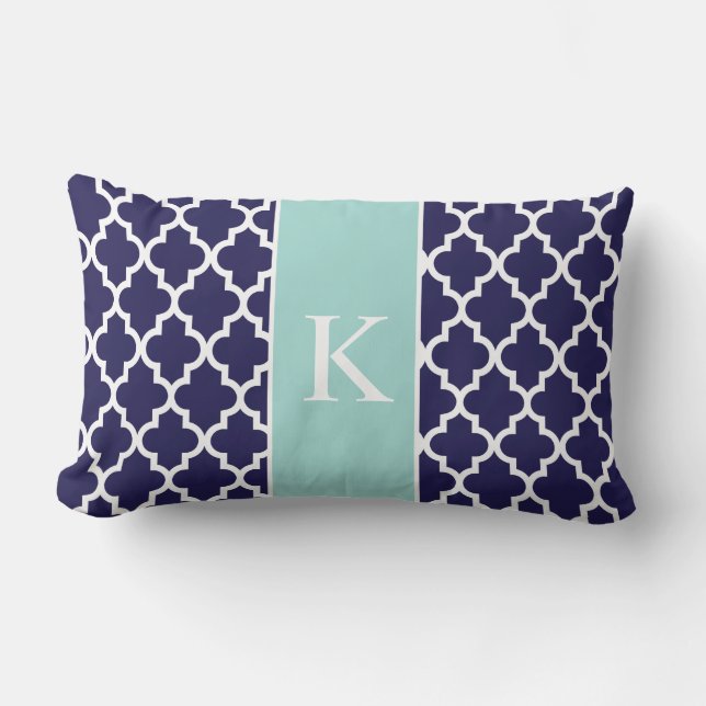 Mint Green Navy Blue Moroccan Custom Monogram Lumbar Cushion (Front)