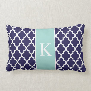 Mint Green Navy Blue Moroccan Custom Monogram Lumbar Cushion