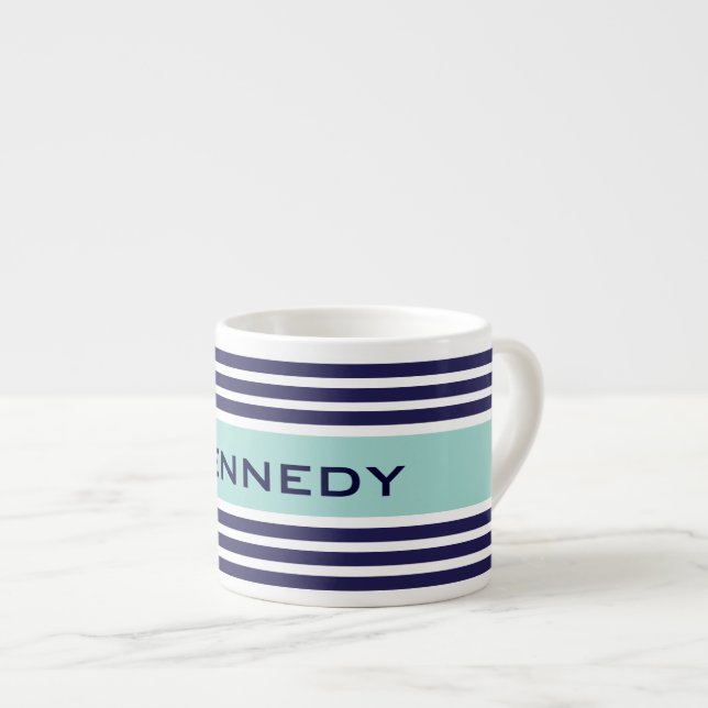 Mint Green & Navy Blue Stripes Custom Monogram Espresso Cup (Front Right)