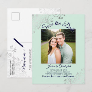 Mint Green & Navy Blue Wedding Save the Date Photo Announcement Postcard