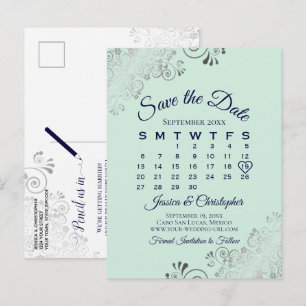 Mint Green & Navy Wedding Save the Date Calendar Announcement Postcard