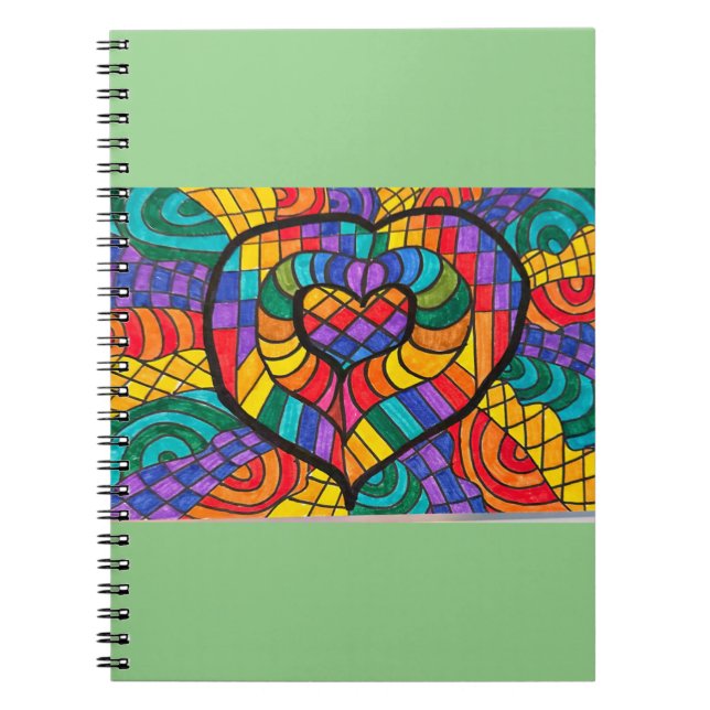Mint green notebook with multi colour heart (Front)